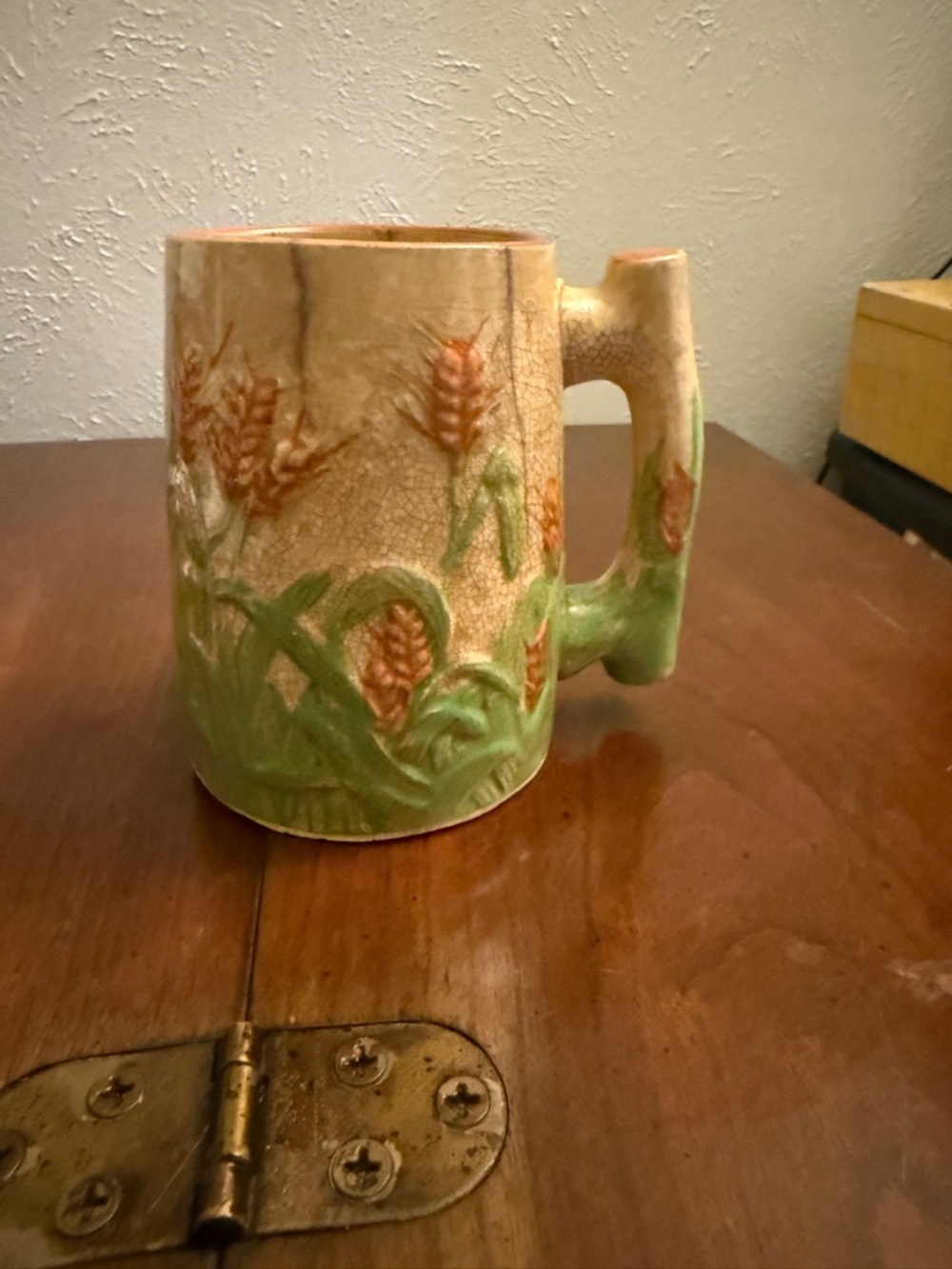 Handpainted Vintage Cottagecore Wheat Relief Ceramic Mug in Cream, Green, Rust